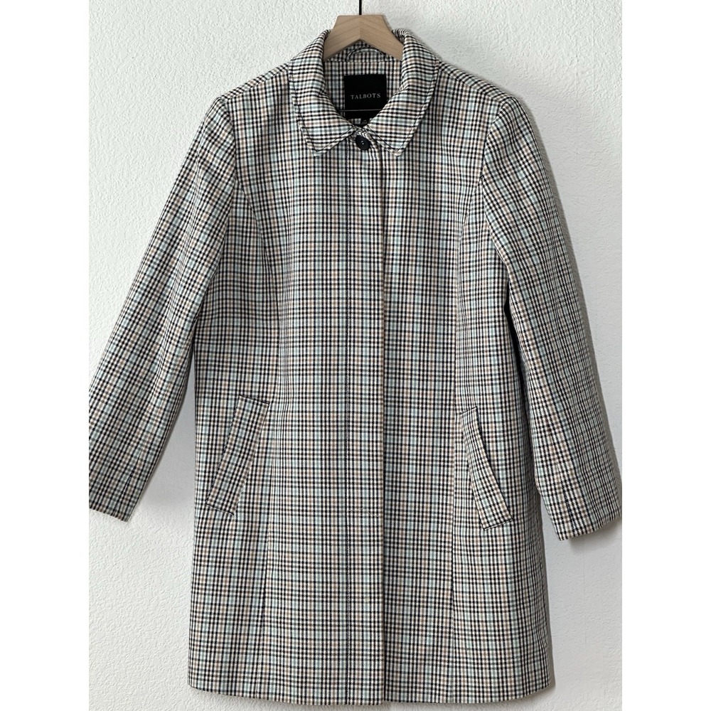 Talbots Houndstooth Brown Blue Cotton‎ Lined Pockets Coat Size 14 Career Casual